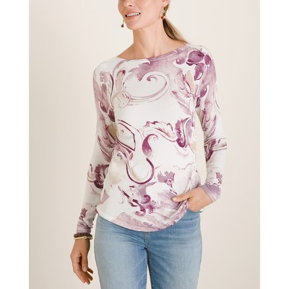 Chico's Sweaters - Chico's 1 Women's Medium Sweater Purple White Cream Paisley Bateau Neck Pullover